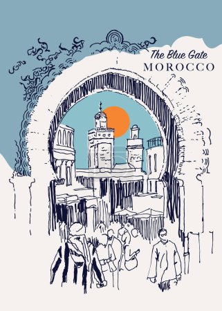 Vector dibujado a mano ilustración de la Puerta Azul en Fez, Marruecos.