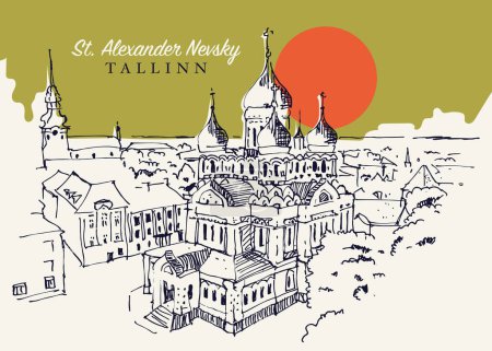 Illustration vectorielle dessinée à la main de la cathédrale Saint-Alexandre-Nevski à Tallinn, Estonie