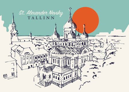 Dibujo dibujado a mano vectorial ilustración de la catedral de San Alejandro Nevski en Tallin, Estonia