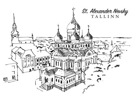 Dibujo dibujado a mano vectorial ilustración de la catedral de San Alejandro Nevski en Tallin, Estonia