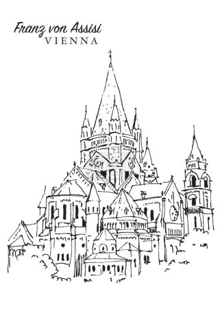 Vector handgezeichnete Skizzenillustration der katholischen Kirche Franz von Assisi in Wien, Österreich.