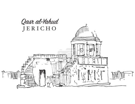 Croquis vectoriel dessiné à la main illustrant Qasr al Yahud dans la vallée du Jourdain