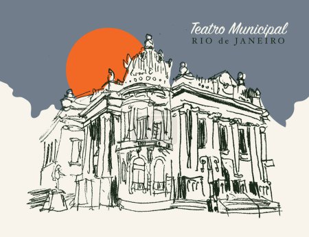 Vector dibujado a mano ilustración del Teatro Municipal de Río de Janeiro, Brasil