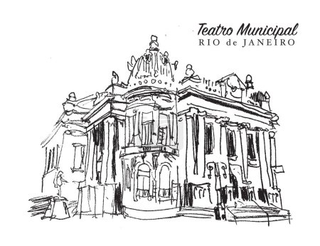Vector hand drawn sketch illustration of the Municipal Theater of Rio de Janeiro, Brazil