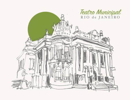 Vector dibujado a mano ilustración del Teatro Municipal de Río de Janeiro, Brasil