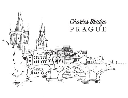 Vector hand drawn sketch illustration of the Charles Bridge in Prague, Czechia
