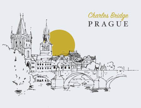 Vector hand drawn sketch illustration of the Charles Bridge in Prague, Czechia