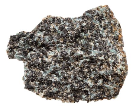Nahaufnahme von Natursteinproben aus der geologischen Sammlung - ungeschliffenes Gabbro-Norit-Mineral isoliert auf weißem Hintergrund aus Karelien