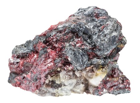 close up of sample of natural stone from geological collection - raw cinnabar and stibnite on fluorite mineral isolated on white background from Kyrgyzstan
