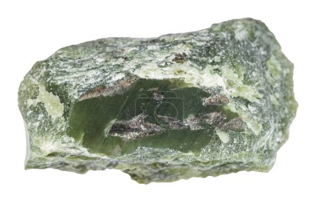 Photo for Close up of sample of natural stone from geological collection - rough green nephrite mineral isolated on white background - Royalty Free Image