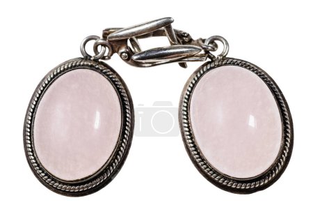 Photo for Vintage earrings with natural polished rose quartz gemstones close up isolated on white background - Royalty Free Image