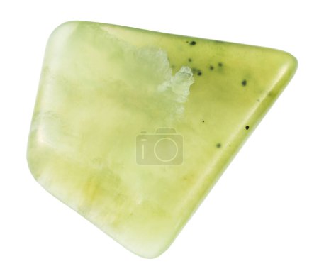 Photo for Close up of sample of natural stone from geological collection - polished light green nephrite mineral isolated on white background from Sayan Mountains, Eastern Siberia - Royalty Free Image