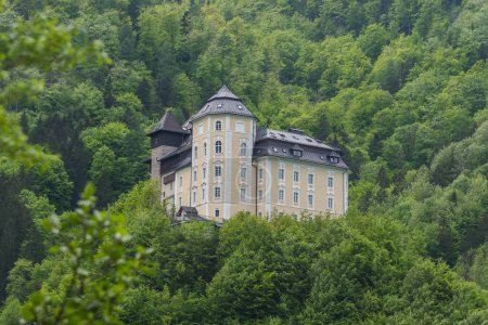 Foto de Castillo en una montaña con bosque verde en un lago en austria - Imagen libre de derechos