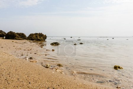 Foto de Arena fina y rocas de coral en la playa durante el reflujo de vacaciones en Egipto - Imagen libre de derechos