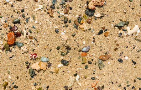 viele bunte Steine und Korallen in einem feinen Sand am Strand in Ägypten