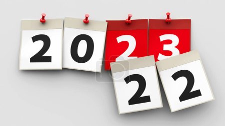 Calendar sheets with red pin and numbers 2023 on grey background represent start new year 2023, three-dimensional rendering, 3D illustration