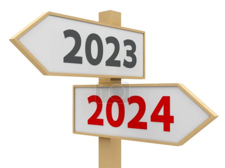 Photo for Road sign with 2023-2024 change on white background represents the new 2024 year, three-dimensional rendering, 3D illustration - Royalty Free Image