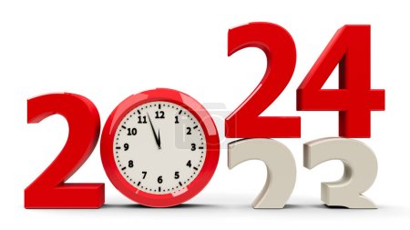 Téléchargez les photos : 2023-2024 changement avec cadran d'horloge représente la nouvelle année 2024 à venir, rendu tridimensionnel, illustration 3D - en image libre de droit