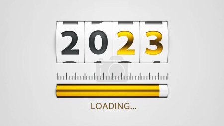 Photo for Design component of a counter dial that is showing loading new year 2023, three-dimensional rendering, 3D illustration - Royalty Free Image