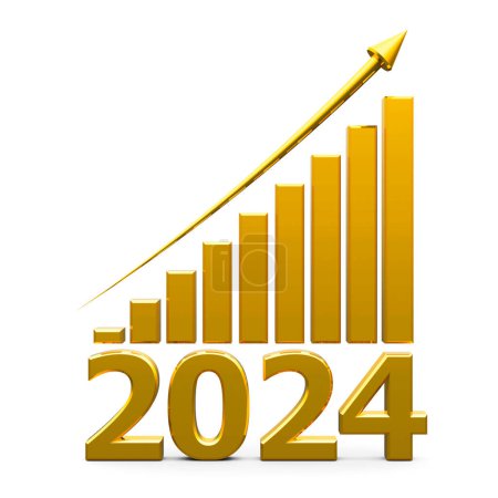 Photo for Gold business graph with gold arrow up represents the growth in 2024 year, three-dimensional rendering, 3D illustration - Royalty Free Image