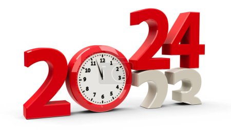 Téléchargez les photos : 2023-2024 changement avec cadran d'horloge représente la nouvelle année 2024 à venir, rendu tridimensionnel, illustration 3D - en image libre de droit