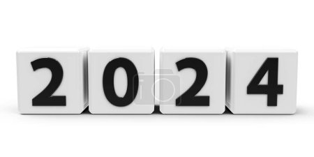 Photo for White cubes with number 2024 represent the new 2024 year, on a white table, three-dimensional rendering, 3D illustration - Royalty Free Image