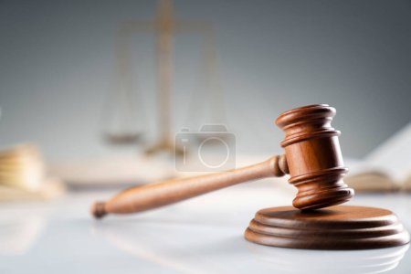 Photo for Law and justice concept. Judge office  gavel and legal code on white desk. - Royalty Free Image
