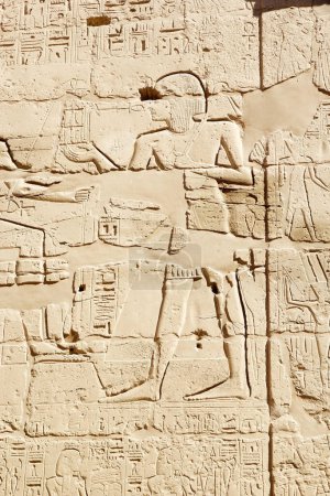 Téléchargez les photos : Figure sculptée et hiéroglyphes au complexe du temple Karnak à Louxor, en Égypte. Le complexe comprend un vaste mélange de temples, de pylônes, de chapelles et d'autres bâtiments. La construction a commencé pendant le règne de Senusret I, qui a régné 1971-1926 BCE. - en image libre de droit