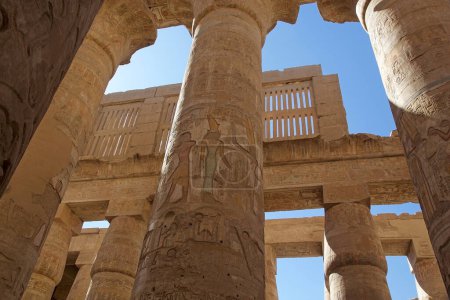 Téléchargez les photos : Colonnes dans la salle Hypostyle du complexe du temple Karnak à Louxor, en Égypte. Le complexe comprend un vaste mélange de temples, de pylônes, de chapelles et d'autres bâtiments. La construction a commencé pendant le règne de Senusret I, qui a régné 1971-1926 BCE. - en image libre de droit