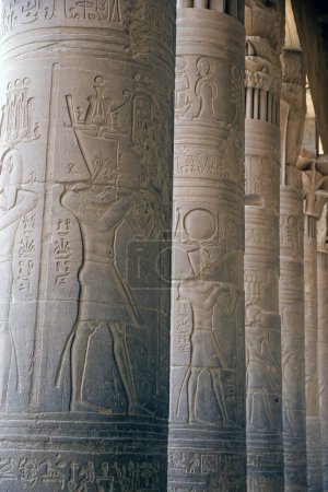 Carved column at Philae temple complex in Aswan, Egypt. The temple complex was rilocated on the Agilkia Island along the Nile river as part of the UNESCO project