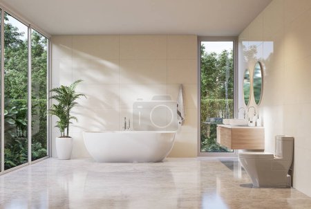 Téléchargez les photos : Salle de bain moderne de luxe blanc avec vue sur la nature tropicale rendu 3d, Il y a sol en marbre décoré avec évier en bois contre la lumière du soleil briller dans la chambre - en image libre de droit