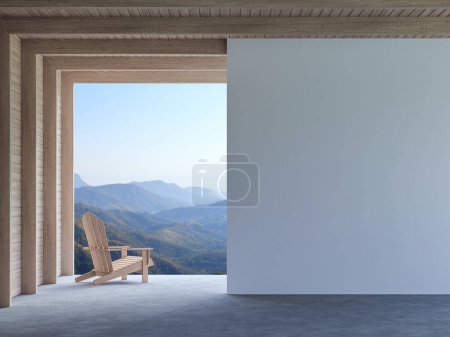 Photo for Modern contemporary loft terrace with mountain view 3d render The Rooms have concrete floors ,wooden plank wall and ceiling with white paint wall for copy space - Royalty Free Image