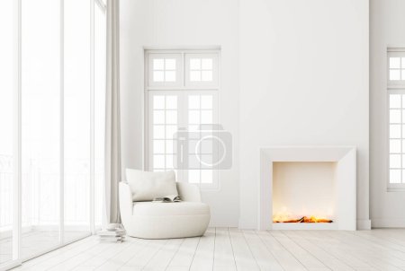Photo for Minimal style white living room Furnished with a modern fireplace with flames and fabric lounge chair 3d render The room has a parquet floor and white door overlooking terrace and bright background - Royalty Free Image