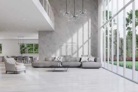 Téléchargez les photos : Modern style luxury white living room with garden view 3d render There are gray marble tile wall and floor decorate with glass chandelier overlooking nature view background - en image libre de droit