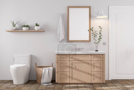 Photo for Modern contemporary style bathroom with brown terracotta tile floors 3d render, there are white walls decorated with wooden counter sink and a wooden shelf on the wall for placing potted plants - Royalty Free Image