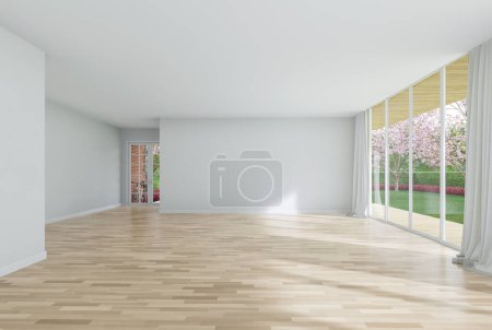 Moderner Stil leeres weißes Haus Raumausstattung mit leerer Wand für Kopierraum 3D-Render, Es gibt Holzböden mit großen Fenstern mit Blick auf Eingangstür und die Natur.