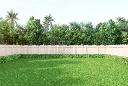 Téléchargez les photos : Pelouse verte vide avec clôture en bois entourée par la nature fond 3d rendre illustration - en image libre de droit