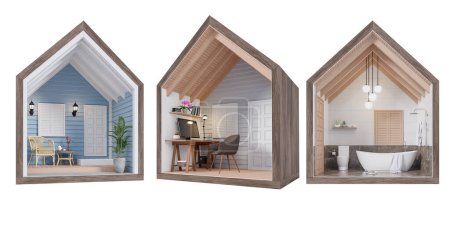 Ausschnitt aus dem Inneren eines kleinen Hauses 3D-Darstellung auf weißem Hintergrund mit Clipping-Pfad isoliert