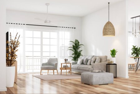 Photo for Modern style white living and dining room 3d render The room has a parquet floor decorated with light gray fabric furniture and translucent white curtains, natural light comes through the room. - Royalty Free Image
