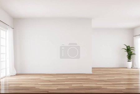 Nowoczesny styl biały pusty pokój 3d renderowania Pokój posiada parkiet urządzone przezroczyste białe zasłony, naturalne światło przechodzi przez pokój.