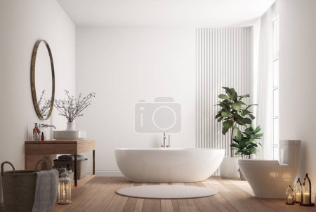 Estilo minimalista moderno contemporáneo blanco brillante cuarto de baño con luz natural 3d render ilustración Hay piso de madera y lavabo contador, espejo redondo dorado decorado con vela