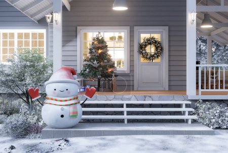 Moderno porche de entrada en casa de lujo en invierno con el concepto de Navidad y Año Nuevo 3d renderizado decorado con muñeco de nieve lindo y árbol de Navidad, nieve está cayendo y cubriendo todo el suelo. 