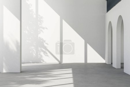 Téléchargez les photos : Minimal style loft chambre vide rendu 3d Il y a des murs de peinture blanche et de la lumière du soleil au sol en béton briller dans la pièce - en image libre de droit