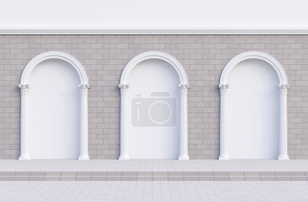 Photo for Elegant white arch with Corinthian style column decorated in a gray brick wall with empty frame for content 3d render - Royalty Free Image