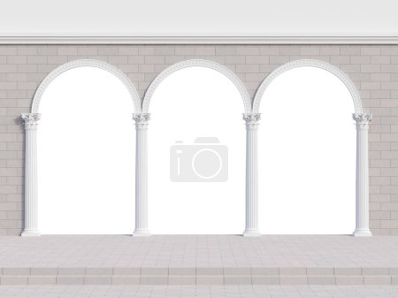 Photo for Elegant white arch with Corinthian style column decorated in a gray brick wall isolated on white background with clipping path 3d render - Royalty Free Image