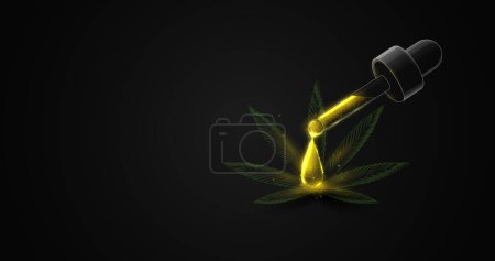 Ilustración de Aceite de cannabis con planta de marihuana. Terapia del cannabis médica y sanitaria. Wireframe, bajo polígono, líneas y punto de conexión de diseño. Ilustración vectorial - Imagen libre de derechos