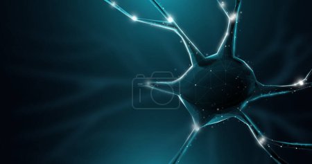 Estilo de alambre poligonal bajo una celda neuronal. Neuronas y sistema nervioso. Neuronas y sistema nervioso. Ilustración vectorial