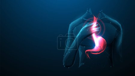 Illustration for Acid Reflux, Heartburn, GERD. Humans suffer from heartburn. Low polygons, triangles, wireframe, and particle style. Vector illustration - Royalty Free Image