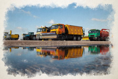 Photo for Transport illustration in watercolor style. Truck, dump truck, snowplow. Different multicolored big cars. Reflection in a puddle. Road equipment. Grader, dump truck, tractor. - Royalty Free Image