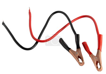 Téléchargez les photos : Terminals wire clamps red and black alligator clips for inverter-voltage converter. Clothespin clips car cigarette lighter isolated on white background. Power Inverters DC to AC from car battery - en image libre de droit